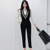2016韩版新款黑色针织条纹撞色深V领连体裤显瘦小脚九分背带裤女