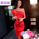 韩语琳2016秋装新款女装性感斜肩荷叶边红色包臀连衣裙修身礼服裙