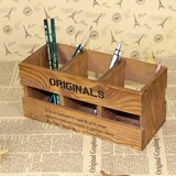 zakka杂物 做旧复古二条二格实木质笔筒 家居办公桌面收纳盒特价