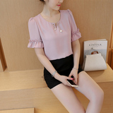 2016夏季粉色韩版短袖女装荷叶边上衣女纯色宽松喇叭袖雪纺衫中袖