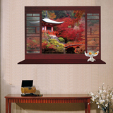3D立体中式假窗户浪漫园林风景可移除墙贴纸卧室温馨客厅背景贴画