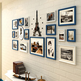 定制批发蓝色出口实木大墙面照片墙客厅挂钟相框创意组合挂墙包邮