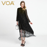 VOA2016长袖真丝连衣裙女宽松立领黑白波点假两件丝绸中长裙A6099