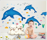 墙壁贴画自粘 卡通海豚世界 儿童房卫生间玻璃浴室装饰防水墙贴纸