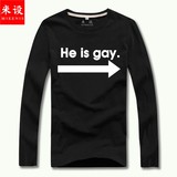 米设 春夏新款长袖T恤纯棉男装 个性文字搞怪 hi is gay 体恤