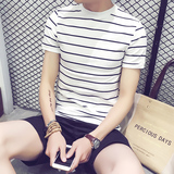 夏季日系条纹短袖t恤 男士圆领半袖体恤衫纯棉青年韩版修身上衣服
