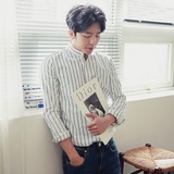 秋季韩国代购男装衬衣韩版潮款青年纯棉立领条纹修身男士长袖衬衫