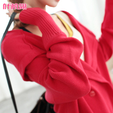 2016春装外套棉韩版女宽松开衫纯色毛衣大红色长款女针织衫上衣潮