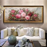 简约现代中式纯手绘油画花卉牡丹花客餐厅卧室装饰有框挂壁画横版