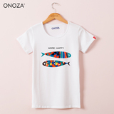 ONOZA2016夏季修身白色T恤女 多色鱼卡通印花韩国学生棉短袖1032