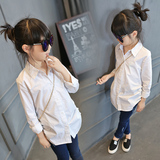 女童装春装新款2016 韩版中大女童侧边抽褶设计纯棉白色衬衫衬衣