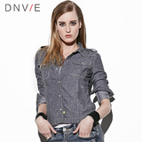 Dnvie 牛仔衬衫女长袖2016春夏新款修身显瘦短款纯灰色打底衬衣女