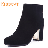Kisscat接吻猫 女鞋羊反绒高贵复古后拉链小圆头高跟短靴