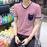夏季韩版男士条纹圆领短袖t恤修身学生潮流简约半袖体恤蝙蝠衫帅t