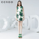 CCDD2016春装新款热带植物印花高腰无袖连衣裙茧形花苞裙