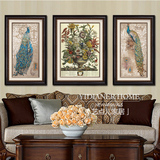 美式乡村风格装饰画孔雀组合古典客厅玄关挂画壁画实木