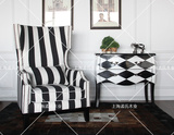 美式黑白条纹布艺单人沙发椅欧式时尚简约高背老虎椅法式休闲沙发