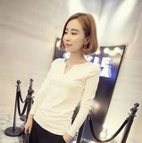 2016春季韩版修身显瘦大码女款上衣长袖V领纯色打底衫女士T恤潮