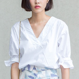 韩版秋款性感V领落肩宽松显瘦套头衬衣女式中袖竖条纹衬衫服装