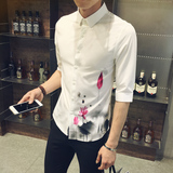 夏季中国风复古水墨印花五分袖男士衬衫青年休闲大码修身薄款短袖