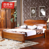 百奇林 胡桃木实木床1.8米1.5现代中式双人床全实木雕花储物床