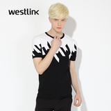 Westlink/西遇2016春季新款 几何黑白撞色圆领套头短袖男士针织衫