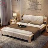 美式全实木床1.8米单双人床 白色真皮婚床卧室家具白蜡木环保家具