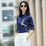 Amii2016秋季通勤纯棉时尚百搭修身撞色条纹印花衬衣女长袖衬衫女