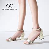 品牌OE欧意夏季新款韩版 真皮中跟粗跟简约一字扣带露趾女凉鞋