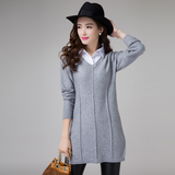 秋冬新款韩版修身显瘦假两件衬衫领长袖女打底衫中长款毛衣裙外套