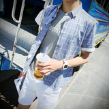 夏季男士短袖衬衫男格子学生衬衣韩版休闲青年修身薄款寸衫潮男装