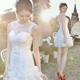 法国蕾丝性感透视花瓣款新娘伴娘短款白色晚装婚纱小礼服 7100Q