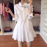 韩国代购2016夏季新款女装长袖中长款纯棉白色衬衫百褶连衣裙春秋