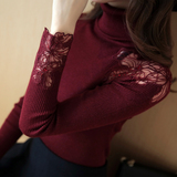 2015冬装新款韩版花朵蕾丝拼接修身高领毛衣女套头打底针织衫