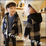 韩国代购 秋冬新款男童大衣韩版格子连帽中小儿童加厚呢子外套潮