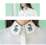 原创品牌设计女装松柏林绣花方领套头长袖白衬衫打底雪纺衬衣上衣