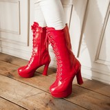 促销季骑士靴防水台系带漆皮女靴粗跟超高跟中筒靴红色新娘结婚鞋