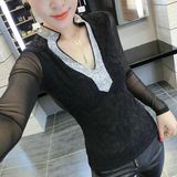 秋季小衫女韩版潮女装大码修身上衣服性感蕾丝打底衫短款长袖t恤