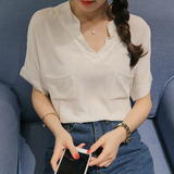 Q．C．T2016春装新款韩版时尚女装百搭短袖V领纯色女士衬衫上衣潮