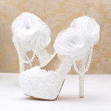 白色蕾丝花朵婚鞋超高跟防水台婚纱照鞋珍珠吊坠女单鞋细跟新娘鞋