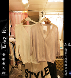 东大门2016夏季韩版女纯色V领钩花镂空长袖针织衫空调开衫短外套