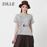 ZOLLE因为T恤女短款不规则文艺针织衫刺绣纯棉针织衫