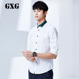 GXG男装 夏装新品 男士时尚印花拼接白色中袖衬衫