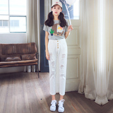夏季最新韩版女款青春时尚白色乞丐抓破单排扣九分直筒牛仔裤特价