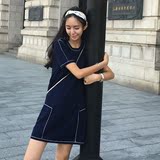 2016韩版中长款针织短袖连衣裙夏女装 修身显瘦圆领收腰T恤裙女潮