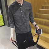夏季日系韩版潮男士中袖套头立领亚麻衬衫薄款七分袖衬衣格子衬衣