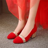 婚鞋红色春秋新款拼色女鞋圆头女子单鞋高跟粗跟甜美敬酒婚礼鞋