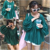 夏季韩版新款上衣2016绿色长袖娃娃衫圆领套头宽松显瘦衬衫衬衣女