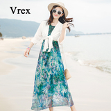 Vrex2016春夏新款防晒两件套雪纺连衣裙波西米亚长裙碎花套装气质