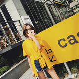 夏天家2016夏装新款韩版女装中长款宽松开叉系带姜黄色短袖t恤潮
